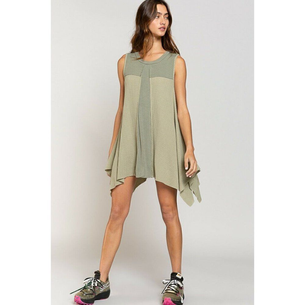 SALE! POL Clothing USA Sage Sleeveless Dress Raw Edge Waffle Knit Summer Spring - Picture 5 of 6